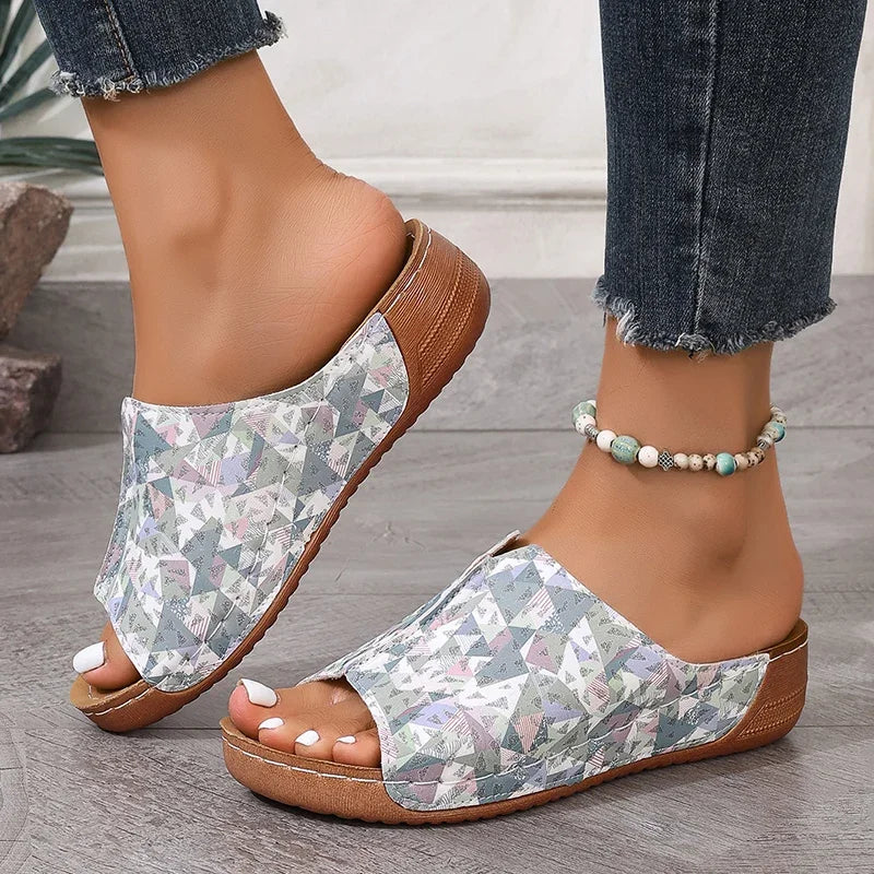 Mix Color Med Heels Slippers Women 2025 Summer Pu Leather Thick Platform Sandals Woman Lightweight Open Toe Non-Slip Flip Flops