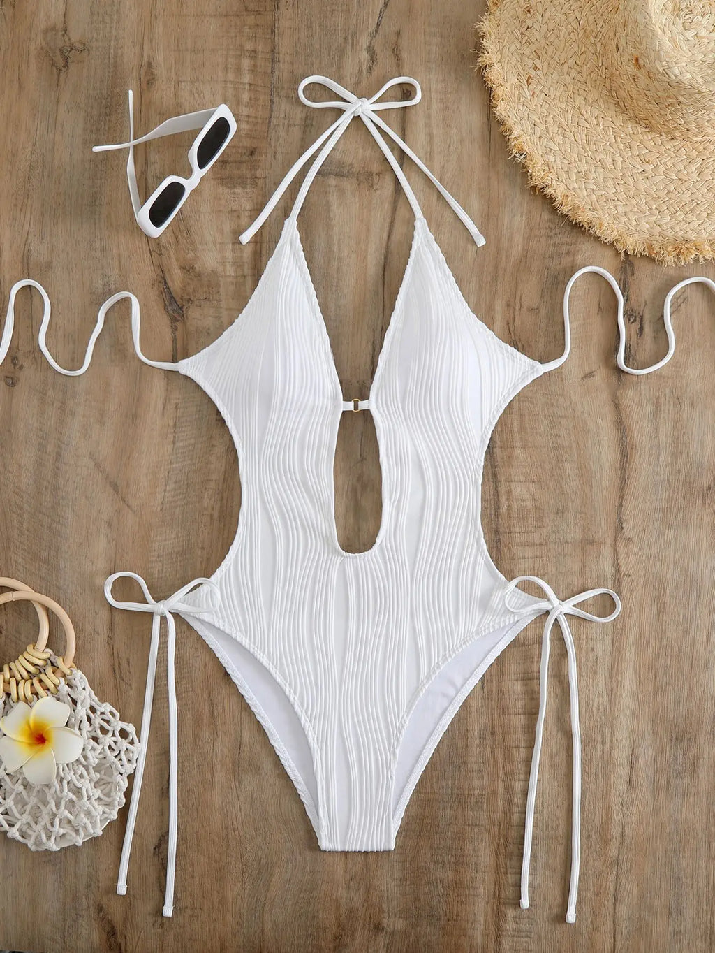 Sexy Halter V Neck Wrinkled Female Swimwear One Piece Swimsuit Women Backless Monokini High Leg Cut Bathing Suit Swim Beach Wear