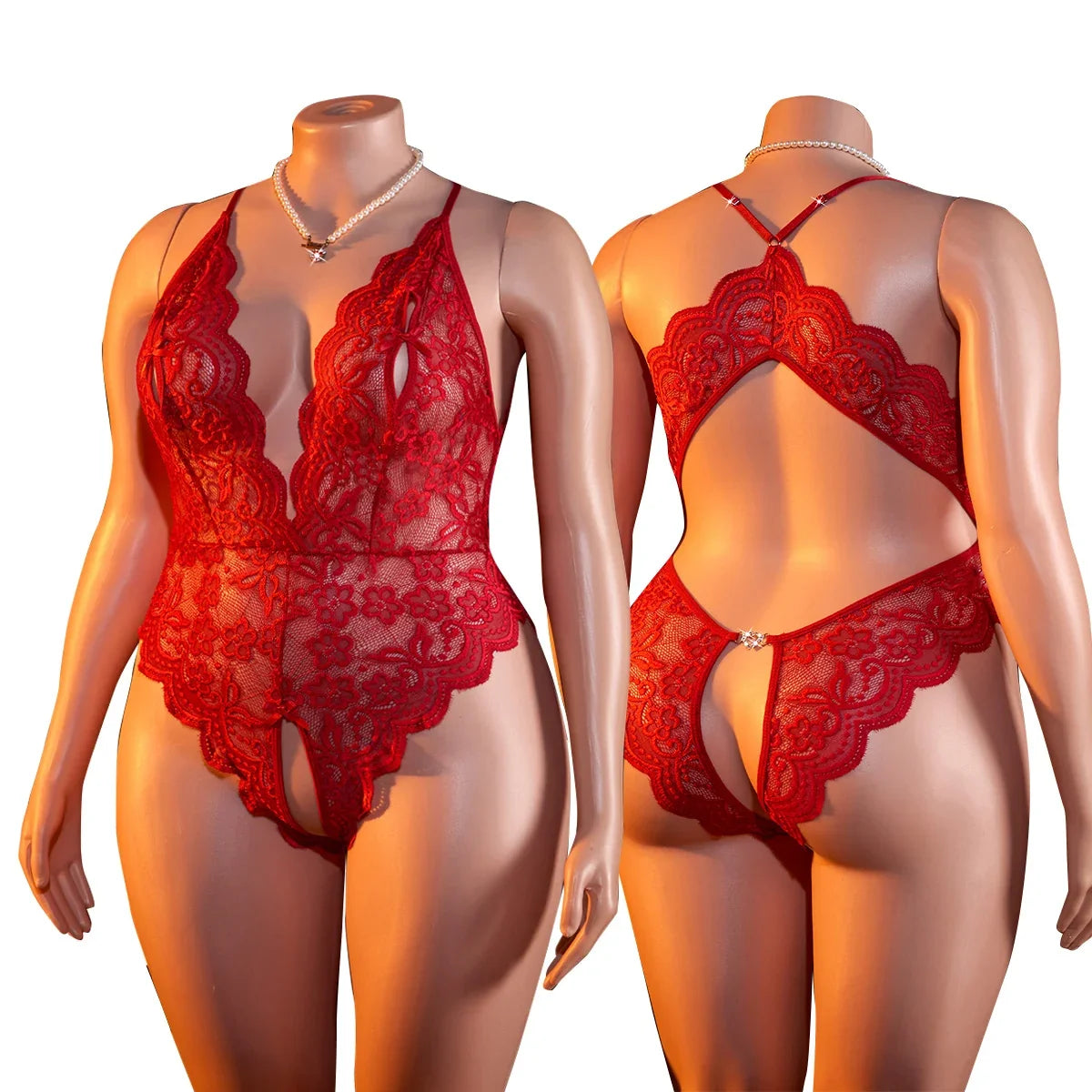Plus Size Sexy Crotchless Lingerie Women Lace Hollow Bodysuit Erotic Pajamas Teddy Babydoll Dress Deep V Open Bra Underwear Set