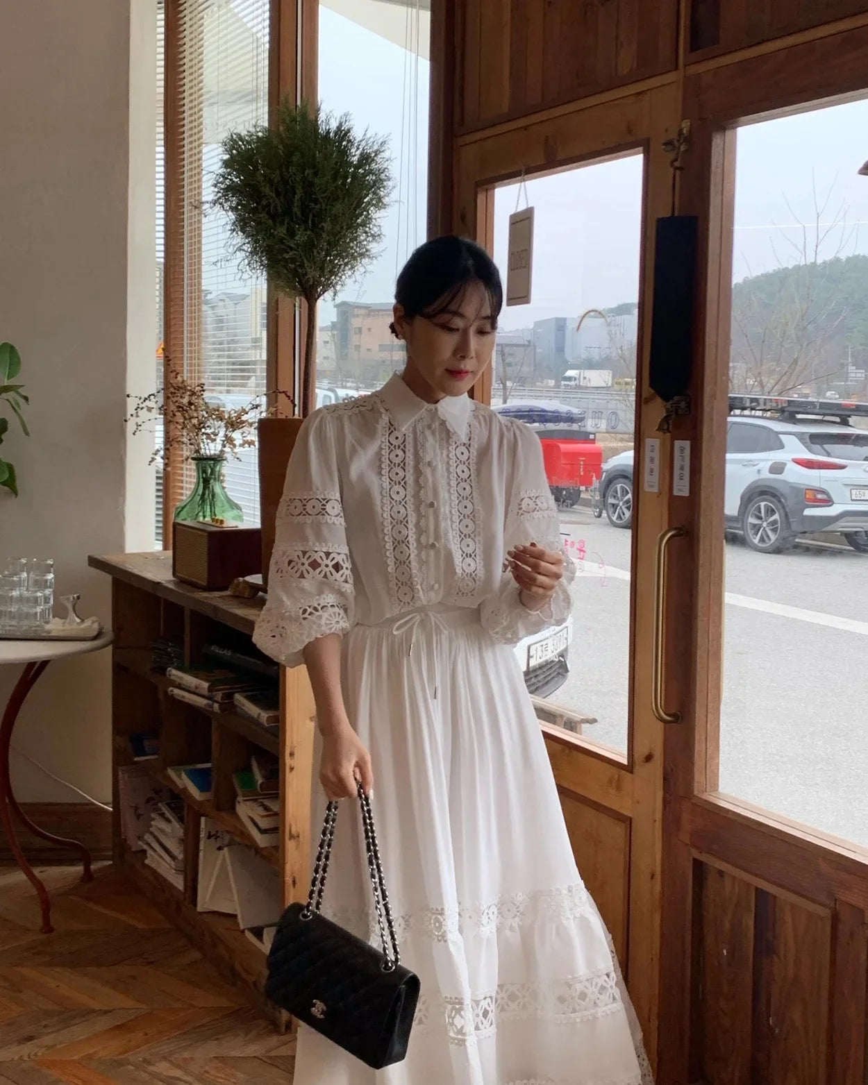 2026 French Retro Heavy Shirt Skirt Hollow Lace Balloon Sleeve Shirt + High Waist Belted Skirt Fashion Suit for Women
