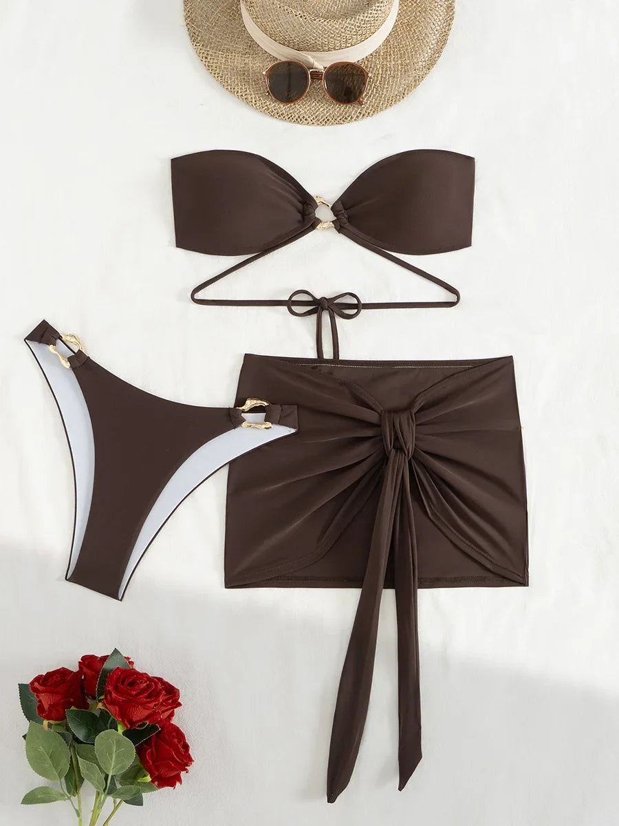 With Sarong Skirt Bandeau Bikini Women Swimwear Female Swimsuit Three-pieces Bikini Set Metal Rings Bathing Suit Swim Beachwear