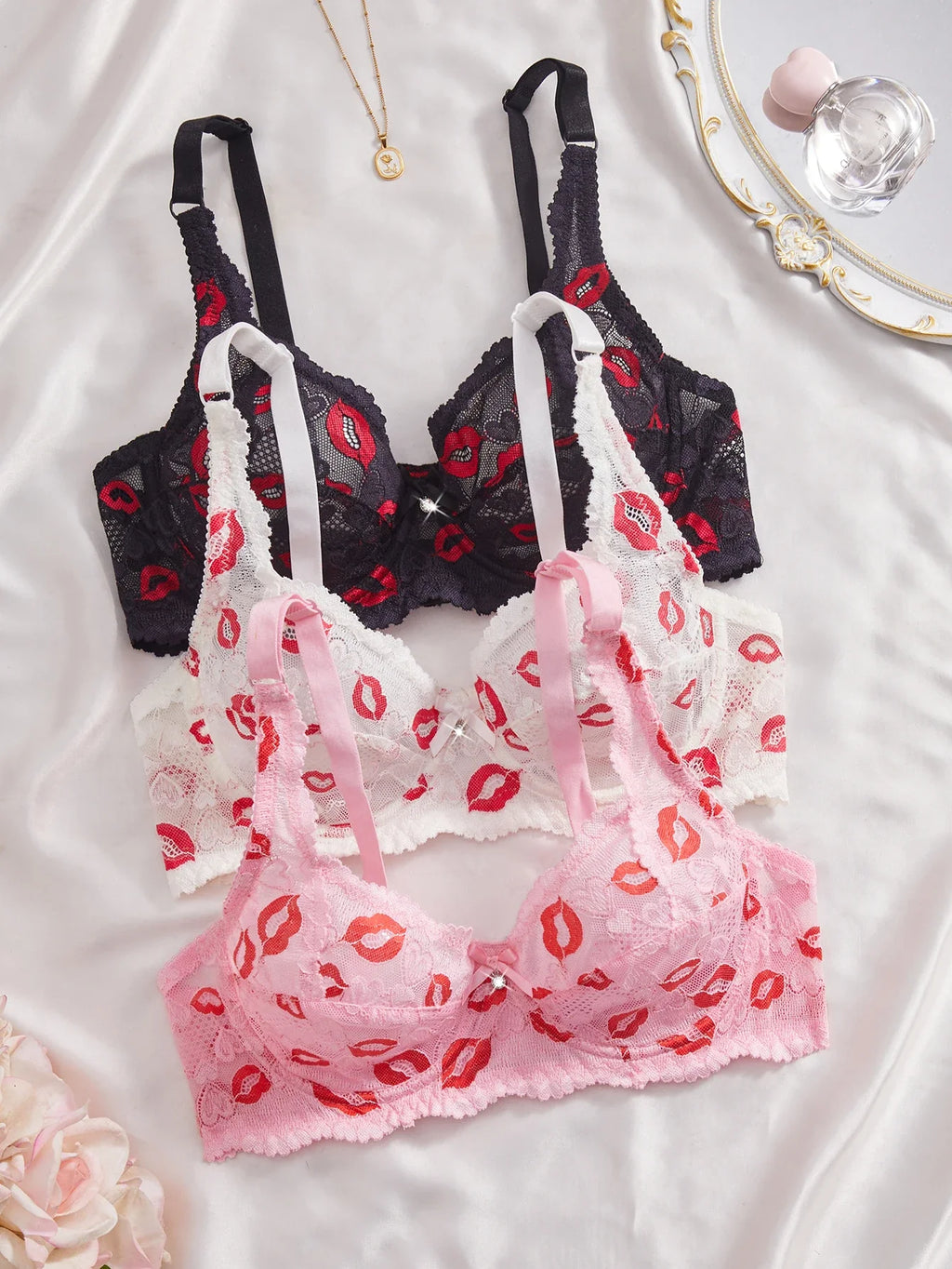3PCS Sexy Lace Lip Print Women Lingerie Set Hollow Out Mesh Unlined Underwire Bra Bow & Rhinestone Sexy Bras