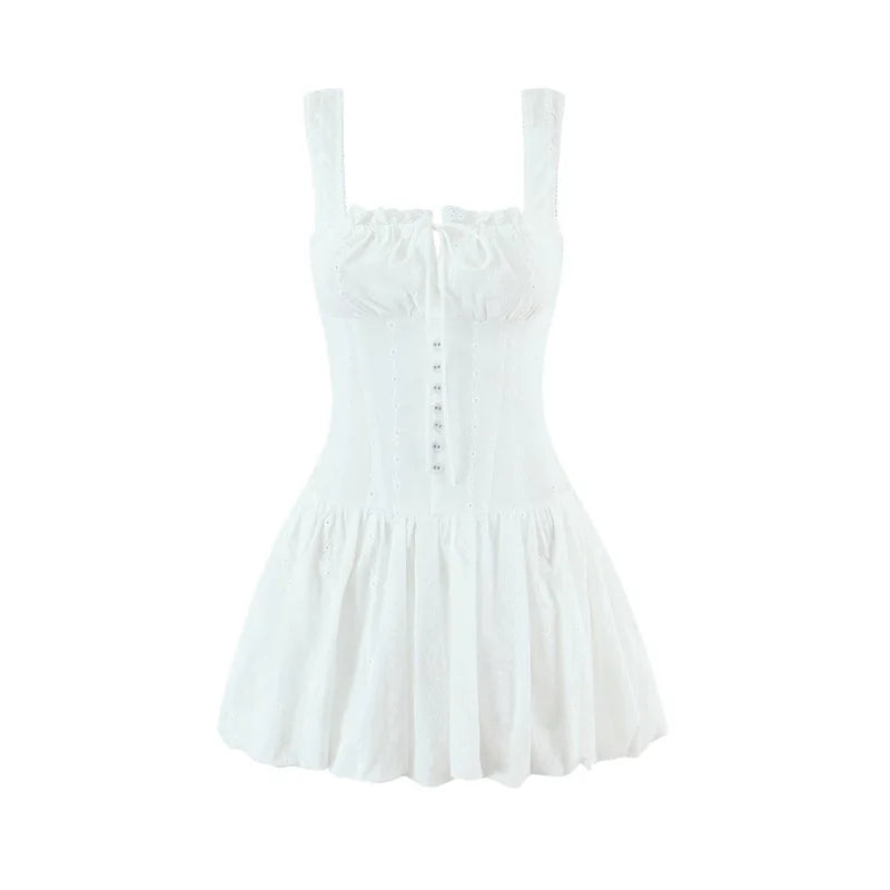 Square Neck Lace Trim Spliced Strap Dress For Women Front Mini Bud Skirt White Lace Mini Dress Ruffle Casual Summer Dress 4MXE