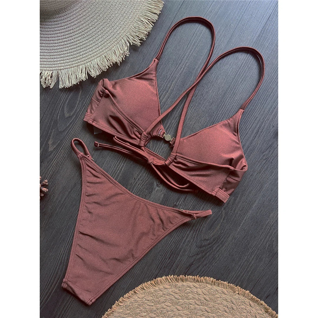 7 Colors New Cross Back Bikini Female Swimsuit Women Swimwear Two-pieces Bikini set High Leg Cut Bather Bathing Suit Swim V8252