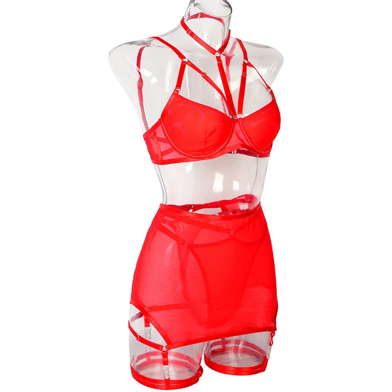 Toucheart Trendy Lingerie 4 Pieces Set Exotic Sexy Bra Eroctic Garter Underwear Set Women's Mesh See-through Luxury Underwear