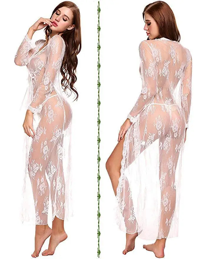 Toucheart Sexy Lace Mesh Transparent Sexy Robe Nightgown Women's See-Through Lace Printing Deep V-Neck Home Ultrathin Nightgown