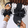 Fashion Mesh Bowknot Flat Heel Sandals Women Rhinestone Decor Clip Toe Beach Slippers Woman Plus Size 42 Backless Sandals Female