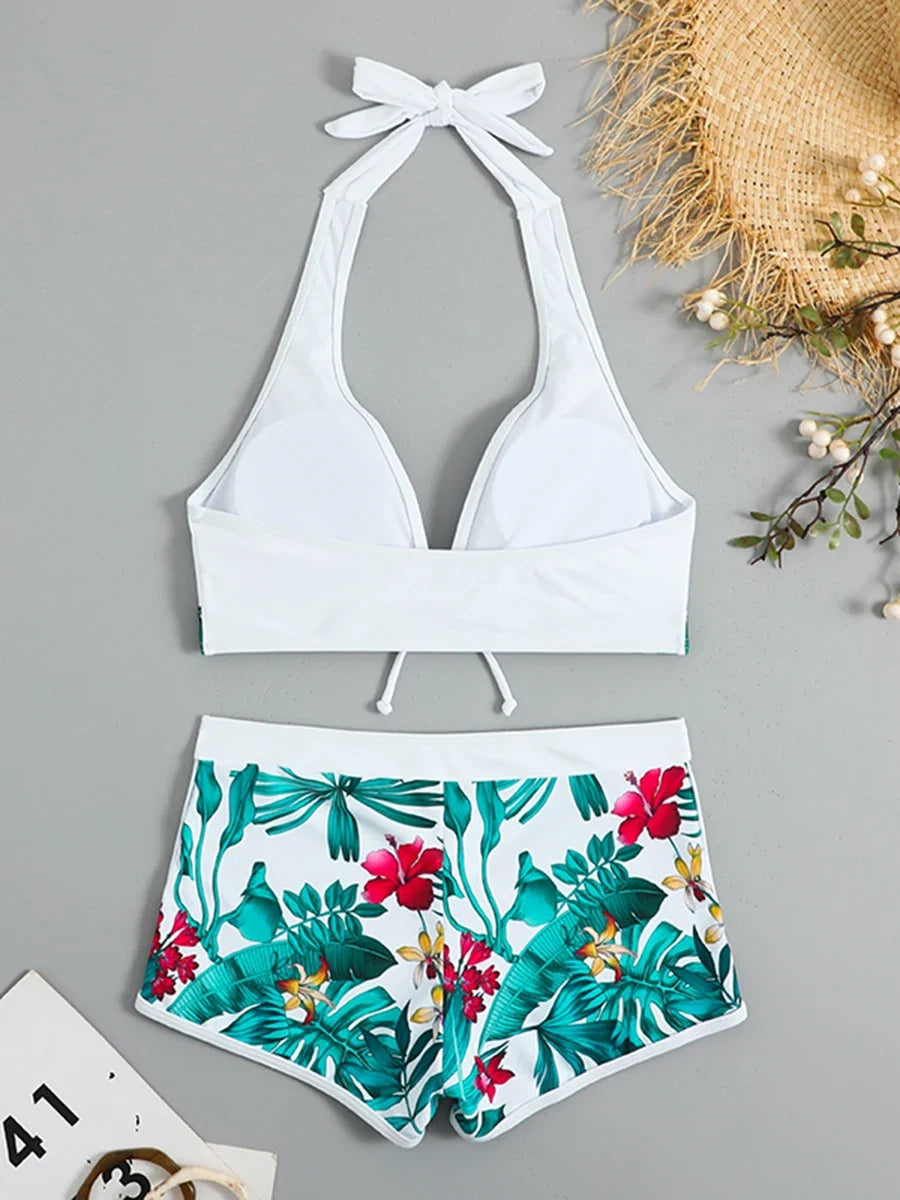 Halter Bikinis 2026 Women Printed Swimsuit Shorts High Waist Swimwear Female Bathers Swimming Bathing Suit Summer Beachwear