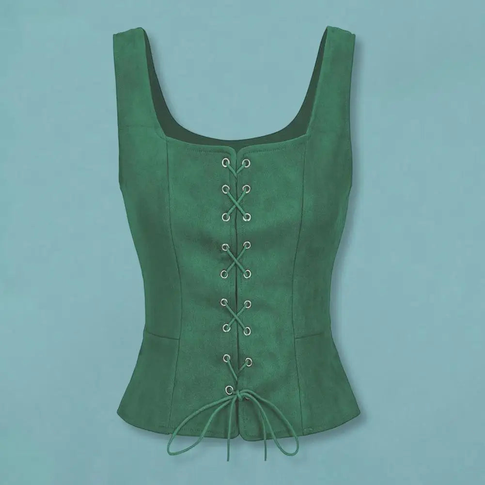 Women Vest Lace-up Strap Renaissance Vinatge Square Neck Sleeveless Medieval Slim Fit Halloween Cosplay Performance Top