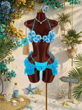 Vintage Blue 3D Floral Bikinis Sets Women Mesh Ruffle Skirt 3 Piece Swimsuit 2026 Sexy Push Up Bra Bathing Suit Holiday Swimwear
