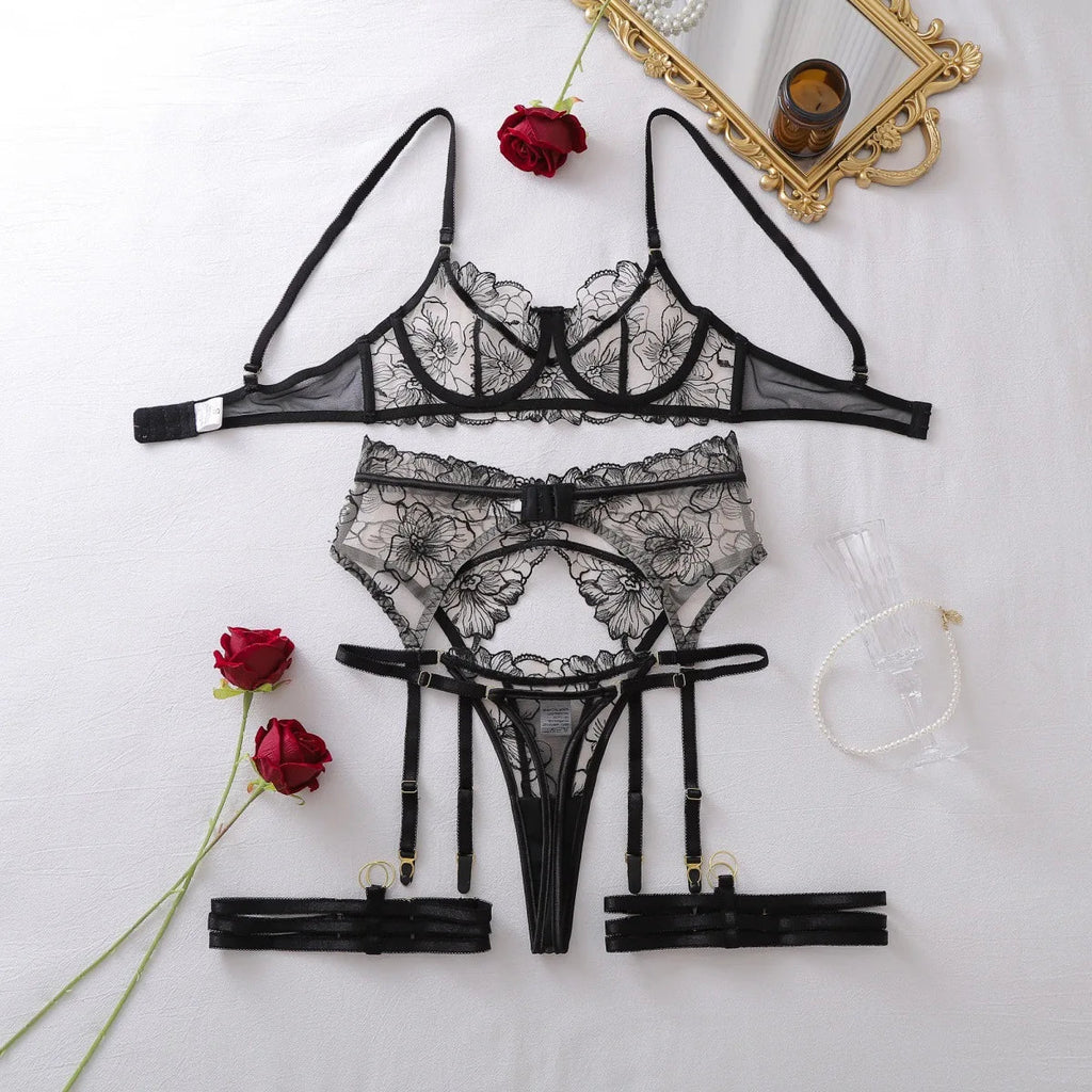 Toucheart Erotic Lingerie French Floral Embroidery See-through Mesh Push-up Underwire Sexy Body-shaping Thin Underwear Split Set