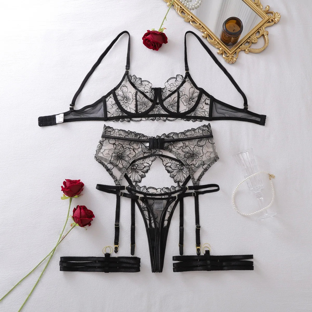Toucheart Erotic Lingerie French Floral Embroidery See-through Mesh Push-up Underwire Sexy Body-shaping Thin Underwear Split Set