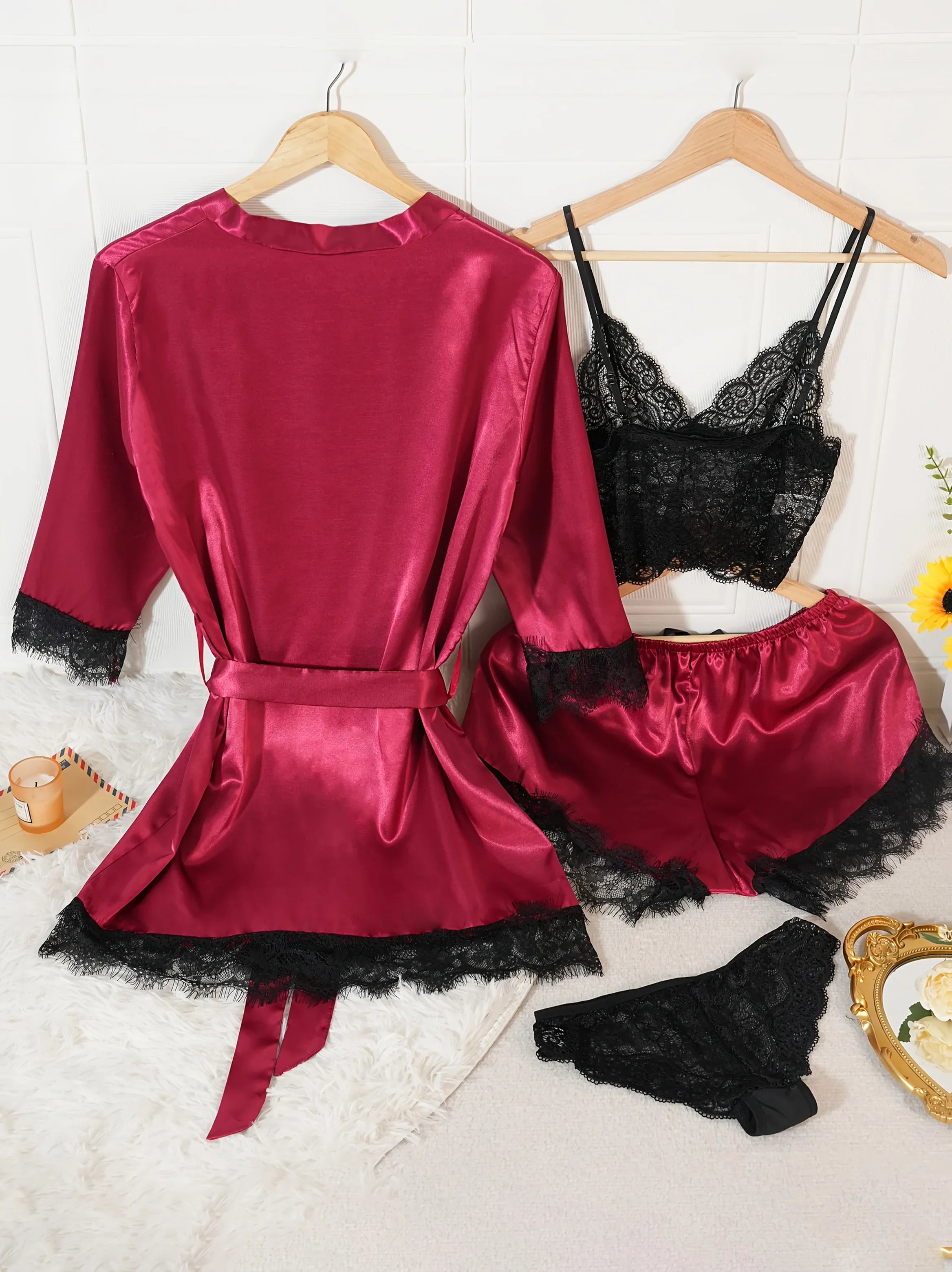 4Pcs Women Satin Pajama Set Robe Lace Lingerie Sexy Silk Nightwear Sleepwear Soft Satin Nightgown Pyjamas Nightdress Nighty Robe