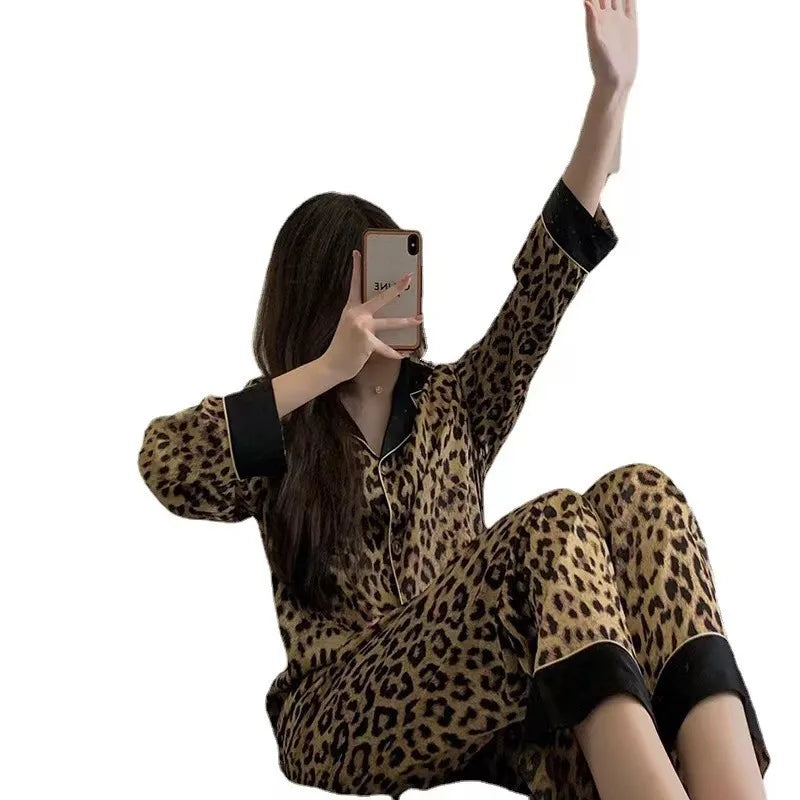 Pajamas for Women Spring Autumn Korean Cardigan Long Sleeved Sexy Leopard Print Home Clothing Set Milk Silk Pajamas for Women