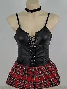 New Sexy Uniform Waist Protection Ultra Short Dress Sexy Black Leather Corset With Plaid Dress For Women Pure Desire Casaul CNI0