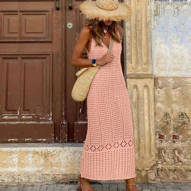 S - XL 2025 V Neck Hollow Out Crochet Knitted Tunic Beach Cover Up Long Cover-ups Beach Dress Beach Wear Beachwear Female Women