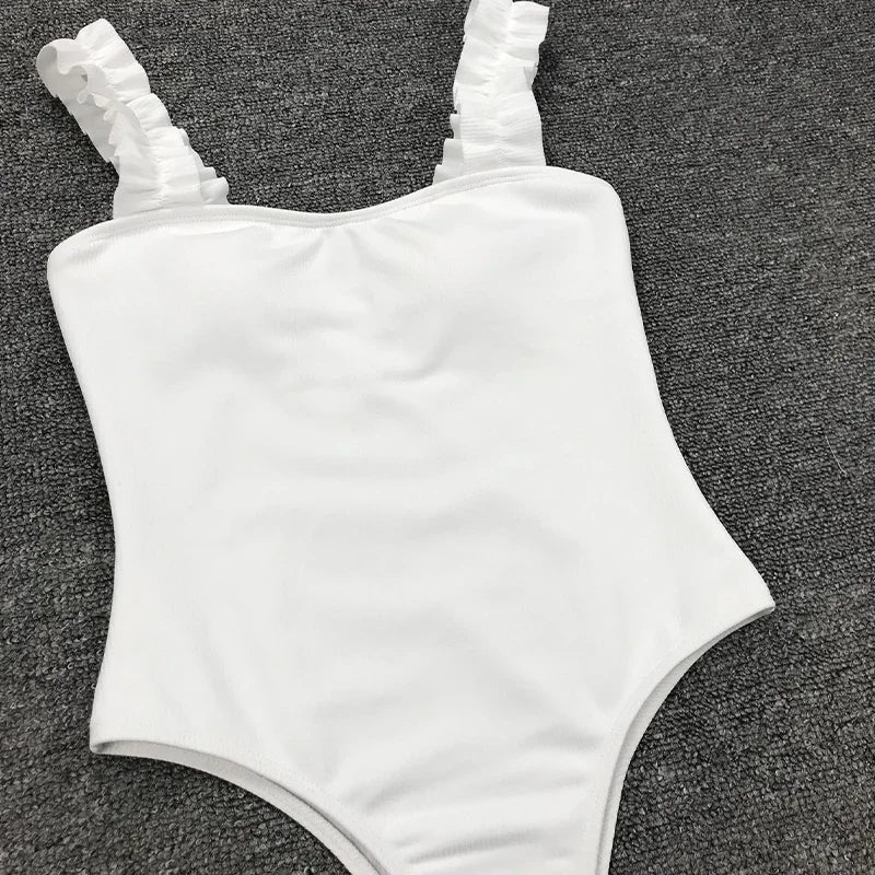 Ribbed Ruffled Frilled Trim Female Swimwear One Piece Swimsuit Women Monokini High Leg Cut Bathing Suit Swim Bodysuit Beach Wear