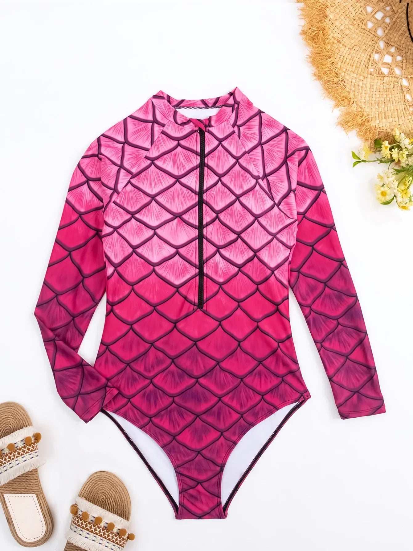 2026 New  Fish Scale Printed Surfing Suit for Women,Long Sleeve One-Piece Swimsuit,Zipper Competitive High Elasticity Bikini