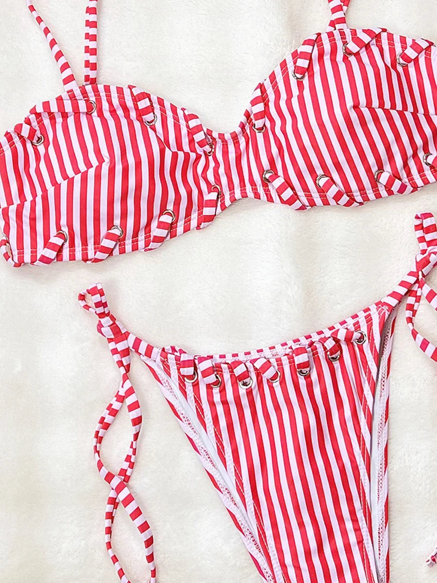 Striped Strappy Bikini Women Swimwear Female Swimsuit Two-pieces Bikini Set High Leg Cut Padded Bather Bathing Suit Swim Lady