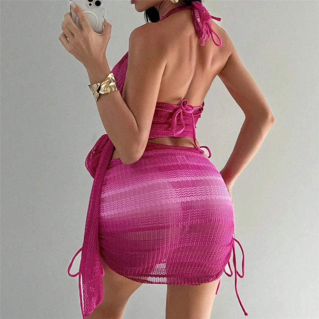 With Skirt Cover Up Halter Bikini Female Swimsuit Women Swimwear Strappy Bather Bathing Suit Swim Four-pieces Bikini set K8089