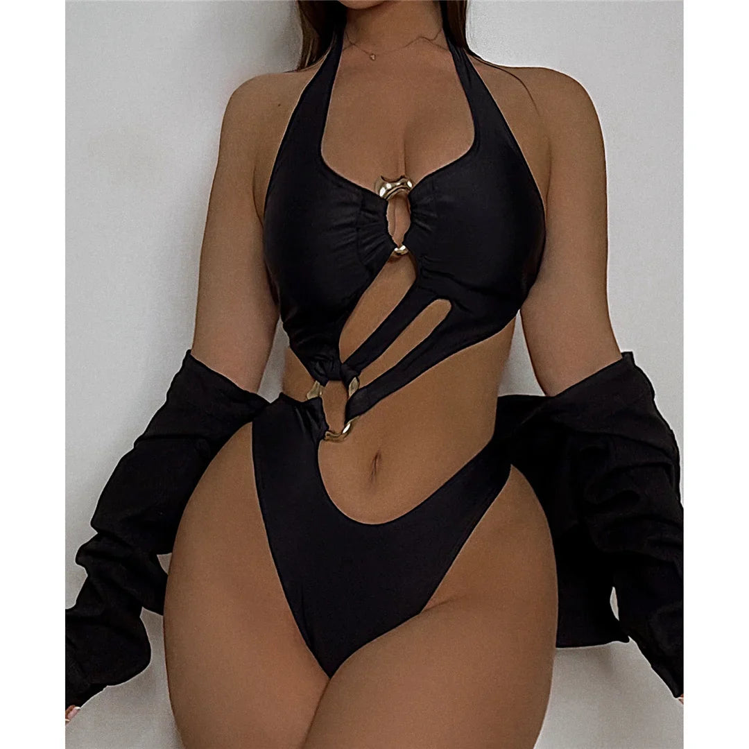 S - XL Asymmetric Halter Cut Out One Piece Swimsuit Women Swimwear Female Metal Ring High Leg Cut Bather Bathing Suit Swim K7065