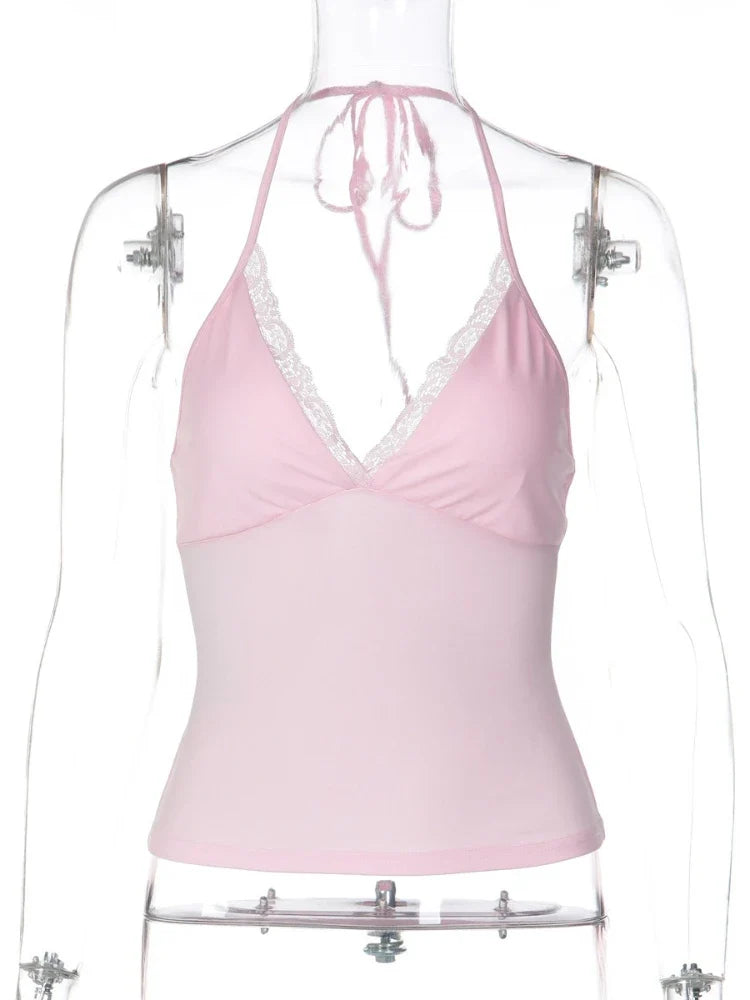 FDYOUI Casual Sexy Halter Neck Lace Patchwork Pink Camisoles Women Bandage Backless Corset T-shirt Y2K Streetwear Cropped Tops