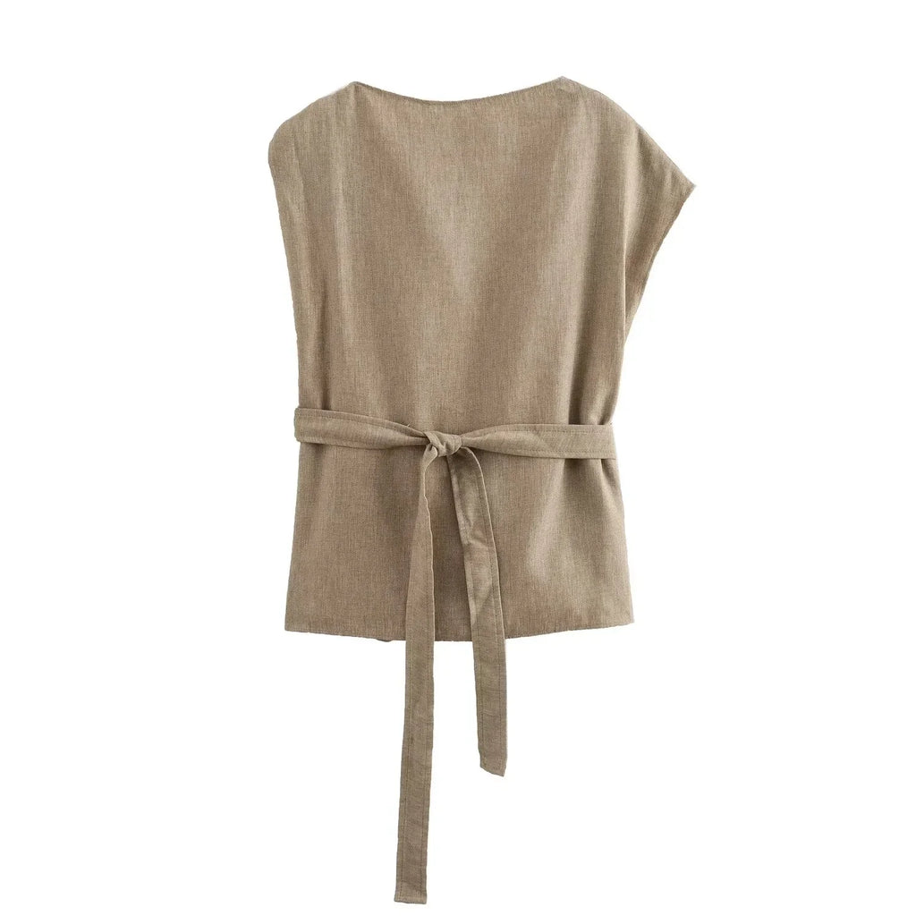 Foridol Irregular Sleeve Top+pants Set Women Summer Elegant Office Casual Matching Set Sash Buttons Decor Brown Suit Outfits