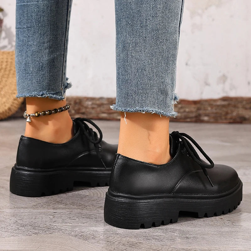 British Style Platform Oxford Shoes for Women Fashion Lace Up Thick Bottom Pu Leather Shoes Wman Plus Size 42 Office Work Shoes