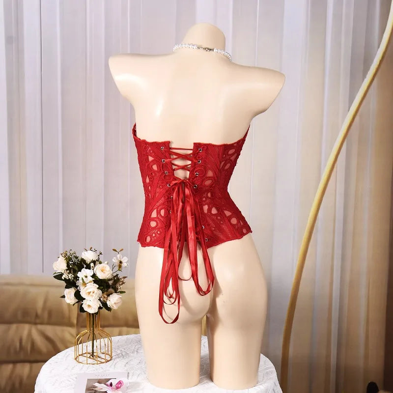 Toucheart Hot Girl Suspender Sexy Top with Fishbone Corset Intimate Hollow See-through Lace Classic Romantic Retro Palace Corset
