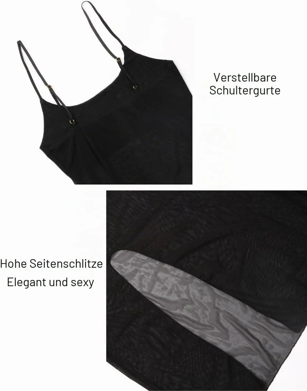 Women Sheer Mesh Lingerie Dress, Black High Slit Nightdress with G-String, Spaghetti Strap Backless Babydoll Sleepwear