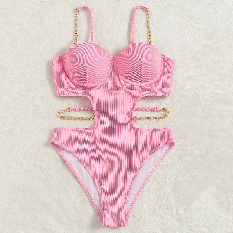 Sexy Push Up Underwire One Piece Swimsuit Women Solid Pink Metal Chain Hollow Out Ribbed Bathing Suit Backless Swimwear Monokini