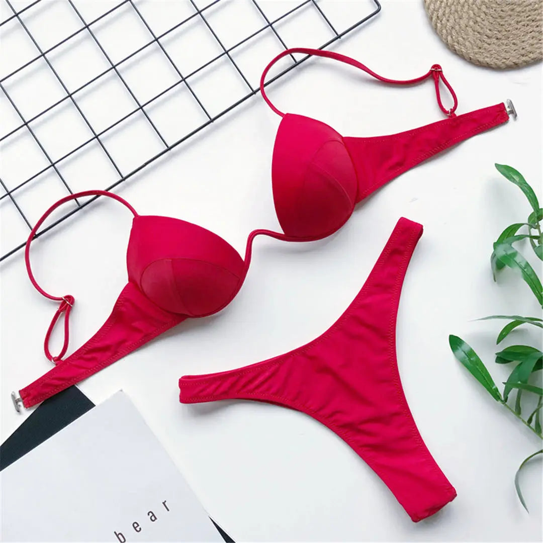 New Sexy V-bar Underwired Bra Push Up Bikini Women Swimwear Female Swimsuit Two-pieces Set V Wire Bather Bathing Suit Swim V1732