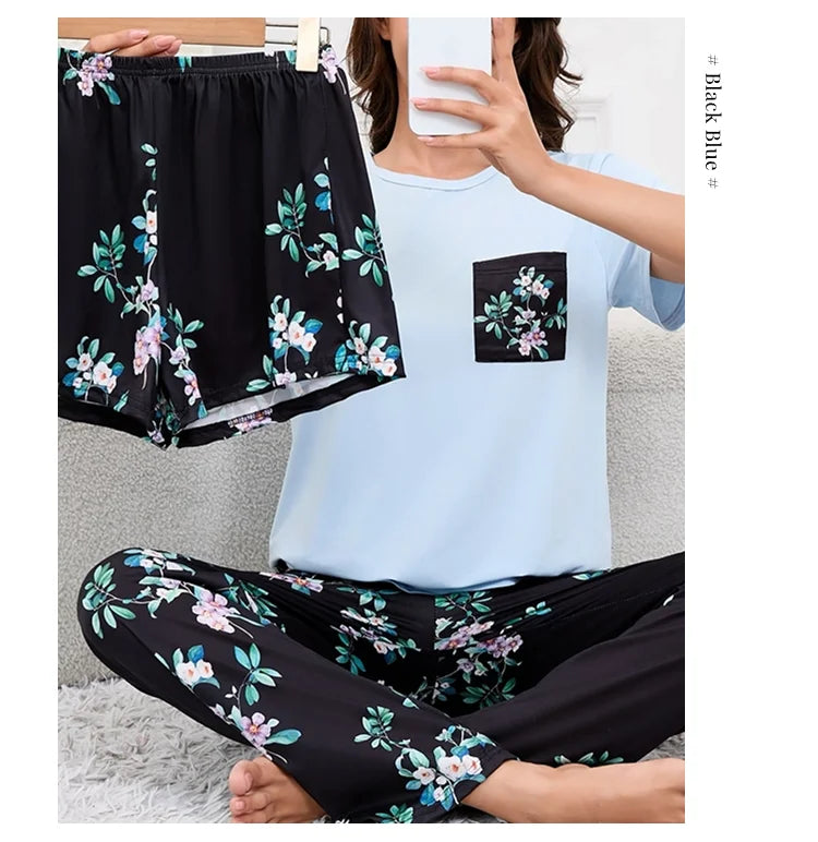Women's Pajamas 3-Piece Set Sleepwear Home Clothes Autumn Short Sleeve Top with Shorts & Long Pants Loungewear Short Suit Pyjama