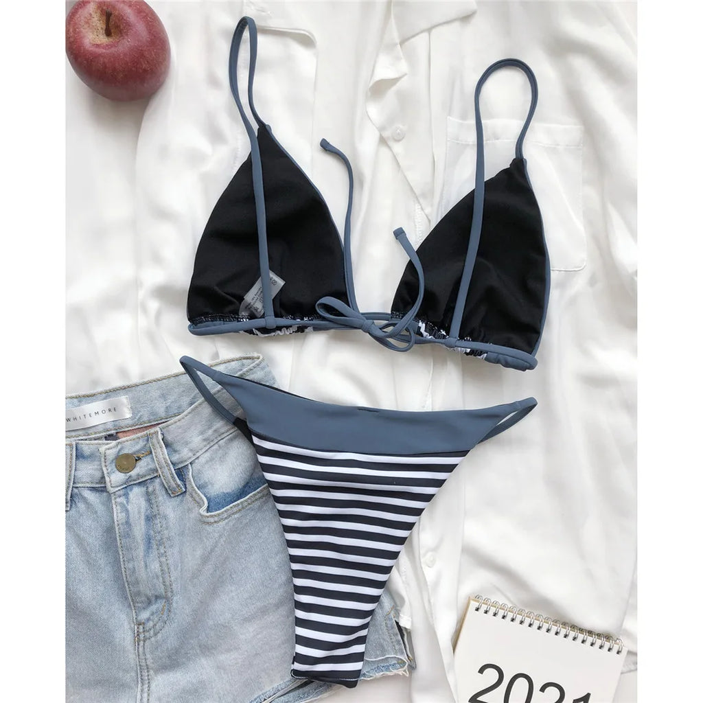 Sexy Splicing Striped Bikini Female Swimsuit Women Swimwear Two-Pieces Bikini Set High Cut Bather Bathing Suit Swim Lady V3199