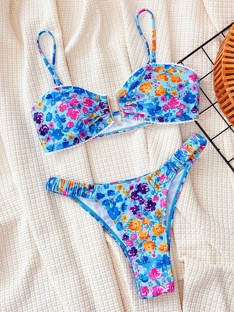 Flowers Printed U Neck Bikini Female Swimsuit Women Swimwear Two-pieces Bikini Set High Cut Bather Bathing Suit Swim Beach Wear