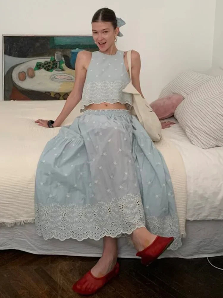 Sleeveless Top Skirt Two Pieces Matching Set for Women Light Blue Vintage Skirt Set French Style Embroidery Cotton Dress Set