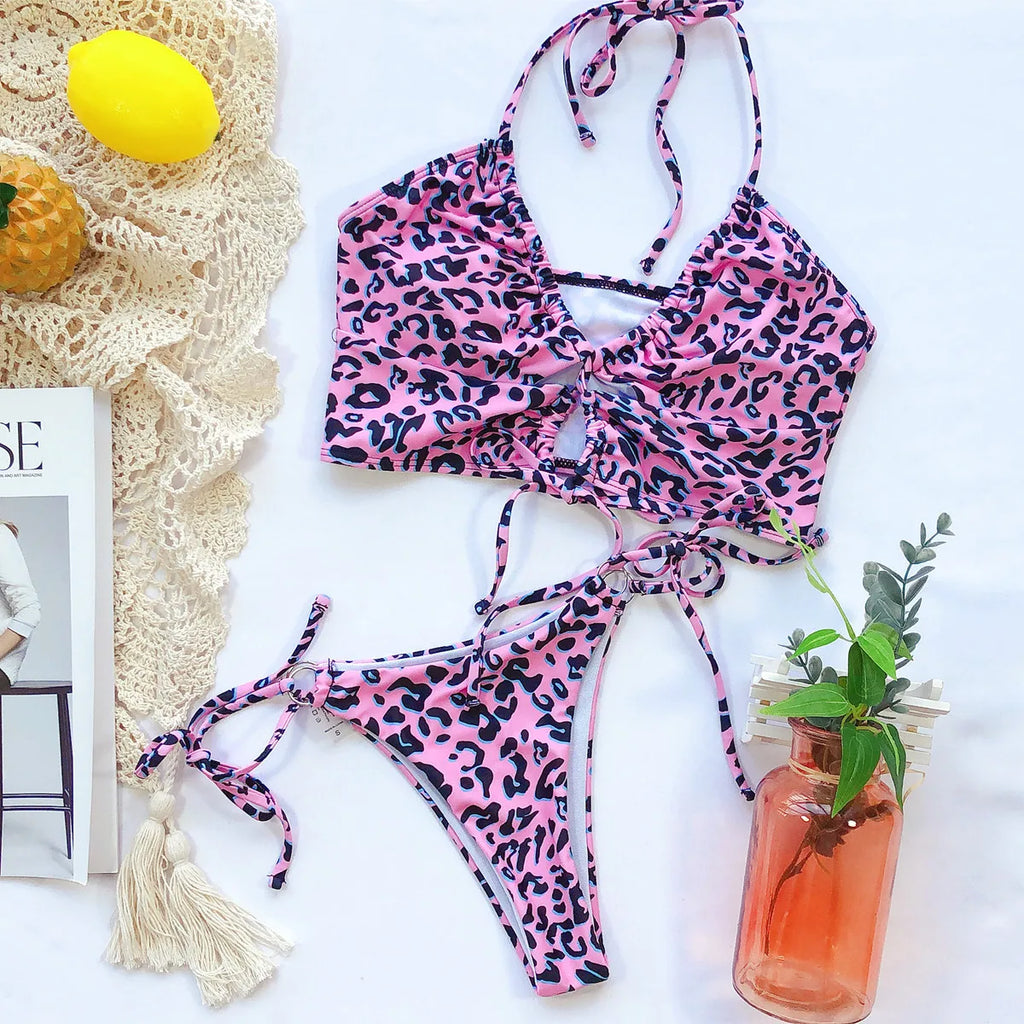 5 Colors Sexy Bikini Swimwear Swimsuit Women Leopard Push Up Drawstring Bikinis Set Bathing Suit Beach Bikini Female Banadores