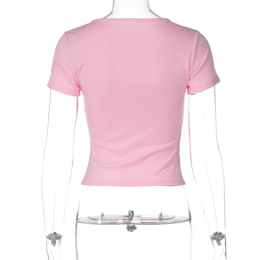 FDYOUI Pink T-shirts 2026 Summer Woman Clothes O-neck Single Breasted Cardigan Tops Female Short Sleeve Slim T Shirt Streetwear