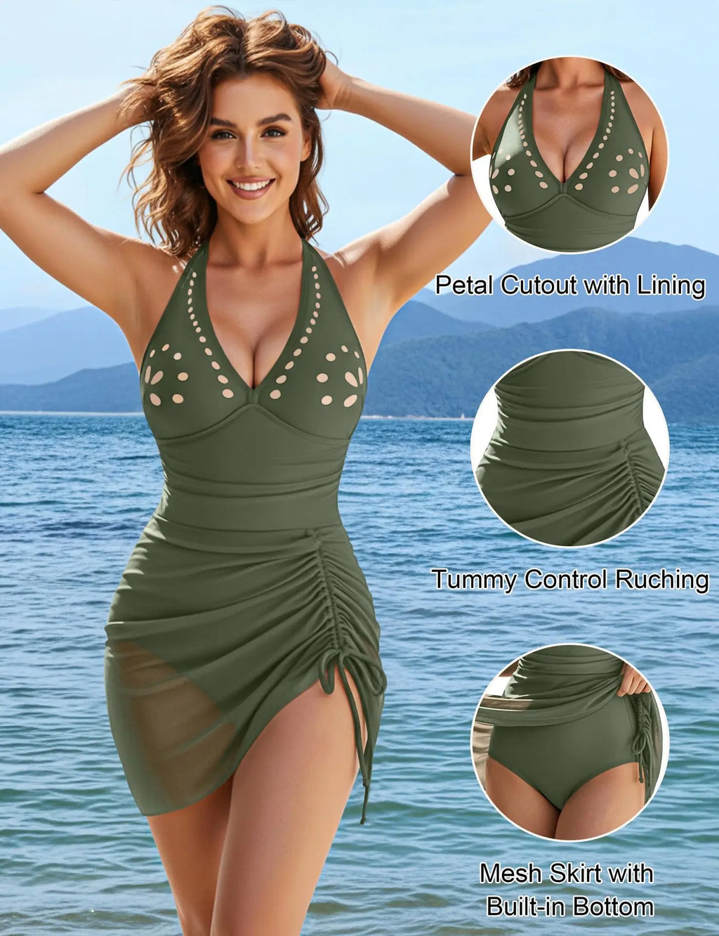 2026 Summer Sexy Hollow Out One-piece Suit Swimwear Back Cross Bandage Bikini with Cover Up Dress Beachwear Female Holiday Look