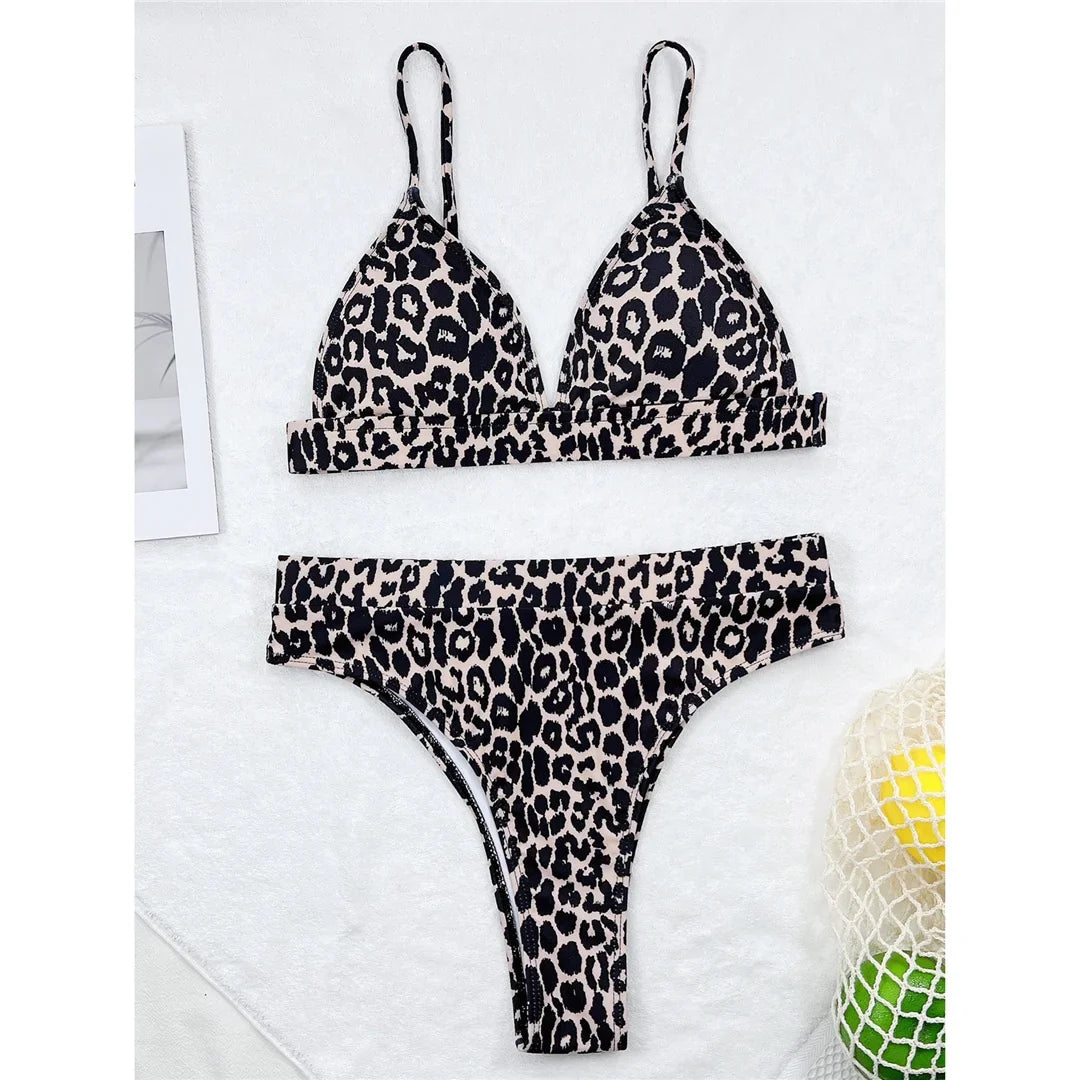 Sexy Leopard Padded Female Swimsuit High Waist Bikini Women Swimwear Two-Pieces Bikini Set Bather Bathing Suit Swim Lady V3446