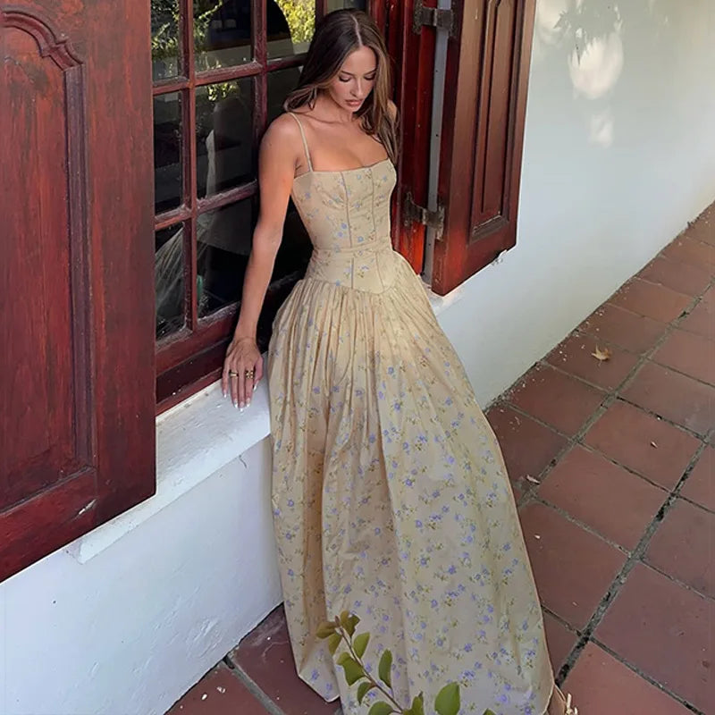FDYOUI 2026 Summer Spaghetti Strap A-line Floral Vacation Dress for Women Elegant High Waist Tunics Long Party Evening Dresses