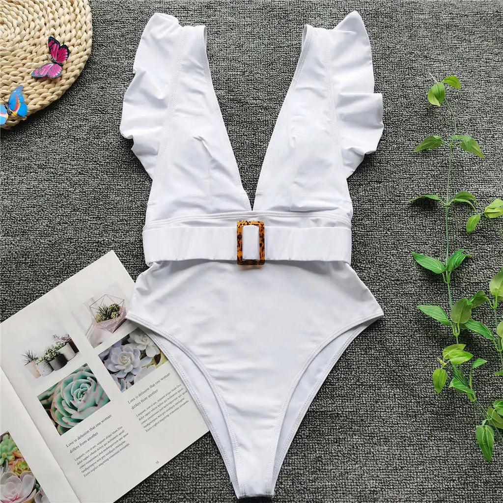 New Sexy Ruffled White Deep V One Piece Swimsuit Women Swimwear Female With Belt Monokini Bather Bathing Suit Swim Lady V2198