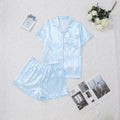 Women Pink Striped Satin Silk Pajamas Set Short-Sleeved V-neck Top and Shorts High Grade Ladies Sleepwear Loungewear
