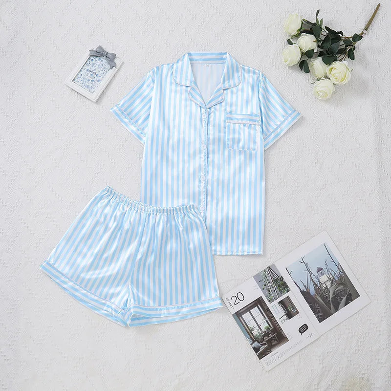 Women Pink Striped Satin Silk Pajamas Set Short-Sleeved V-neck Top and Shorts High Grade Ladies Sleepwear Loungewear