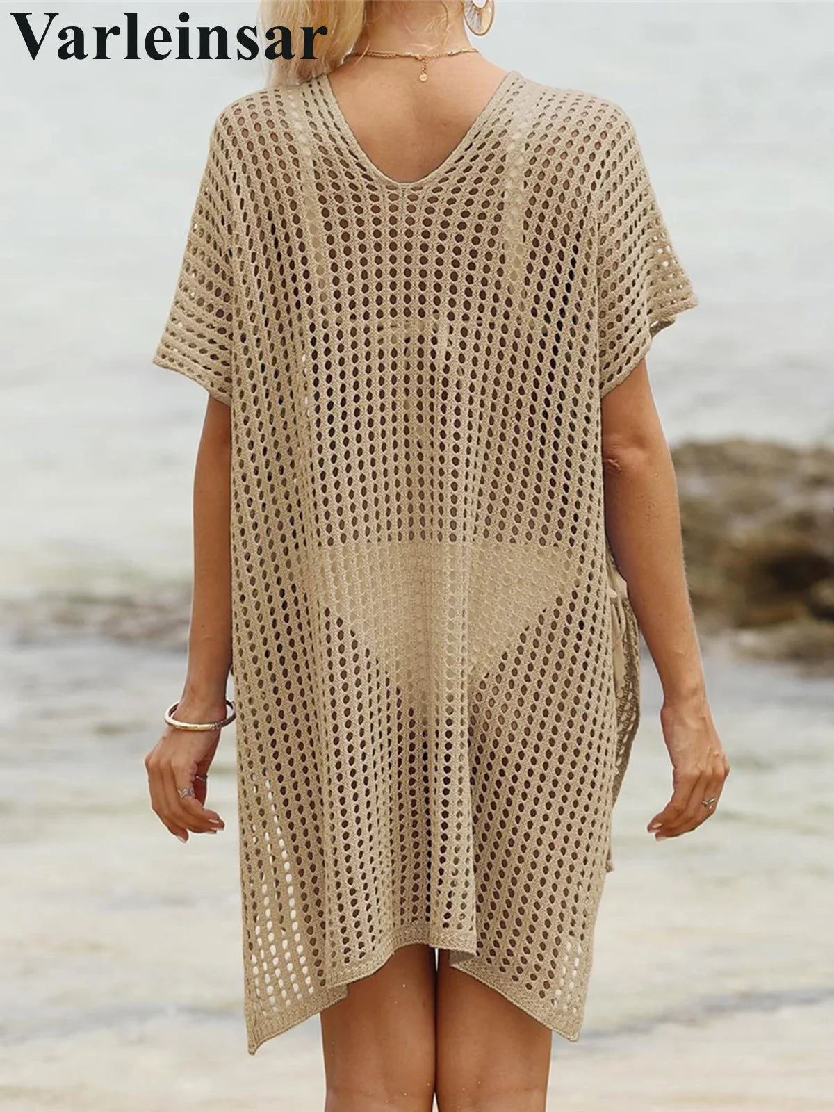 Short Sleeve V Neck Hollow Out Crochet Knitted Tunic Beach Dress Beach Wear Beachwear Beach Cover Up Cover-upsFemale Women V8061