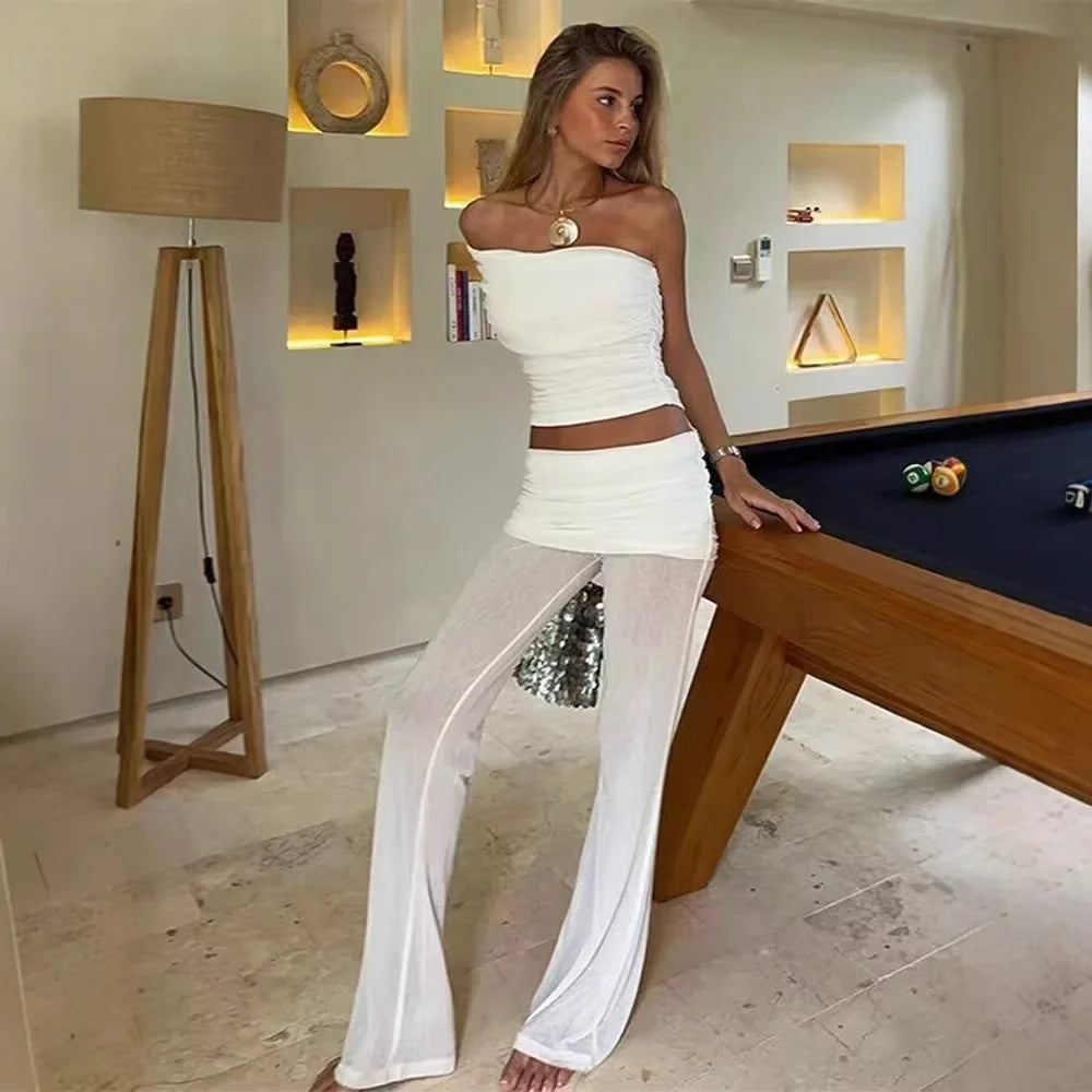 Women's One Shoulder Top Long Pants Set White Strapless Ruched Crop Top And Mesh Flare Pants Two Piece Set Out Party Outfit LNBK
