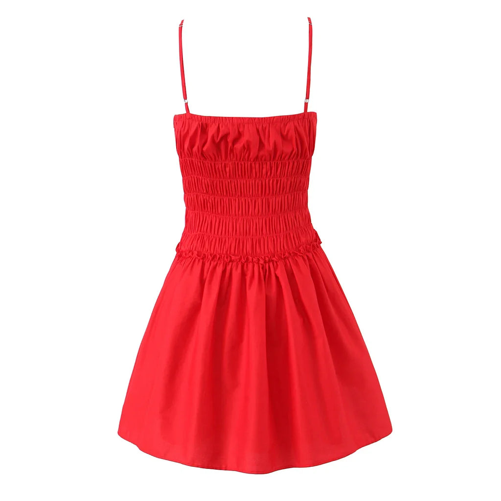 Cotton Summer Red Short Dress Women Strapless Beach Mini Dress Casual Ruffles Spaghetti Strap Boho Party Sleeveless Dress