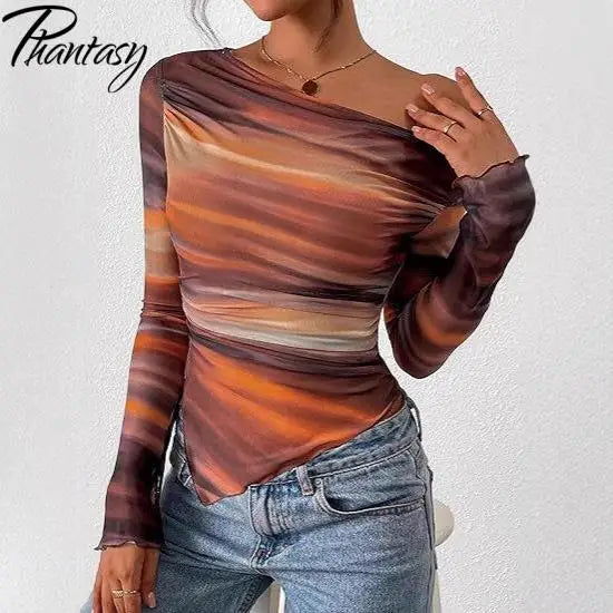 Women's Off-Shoulder Ruffled Sleeve Long-Sleeve Top with Asymmetrical Tie-Dye Mesh Asymmetrical Pleated Floral Print T-Shirt