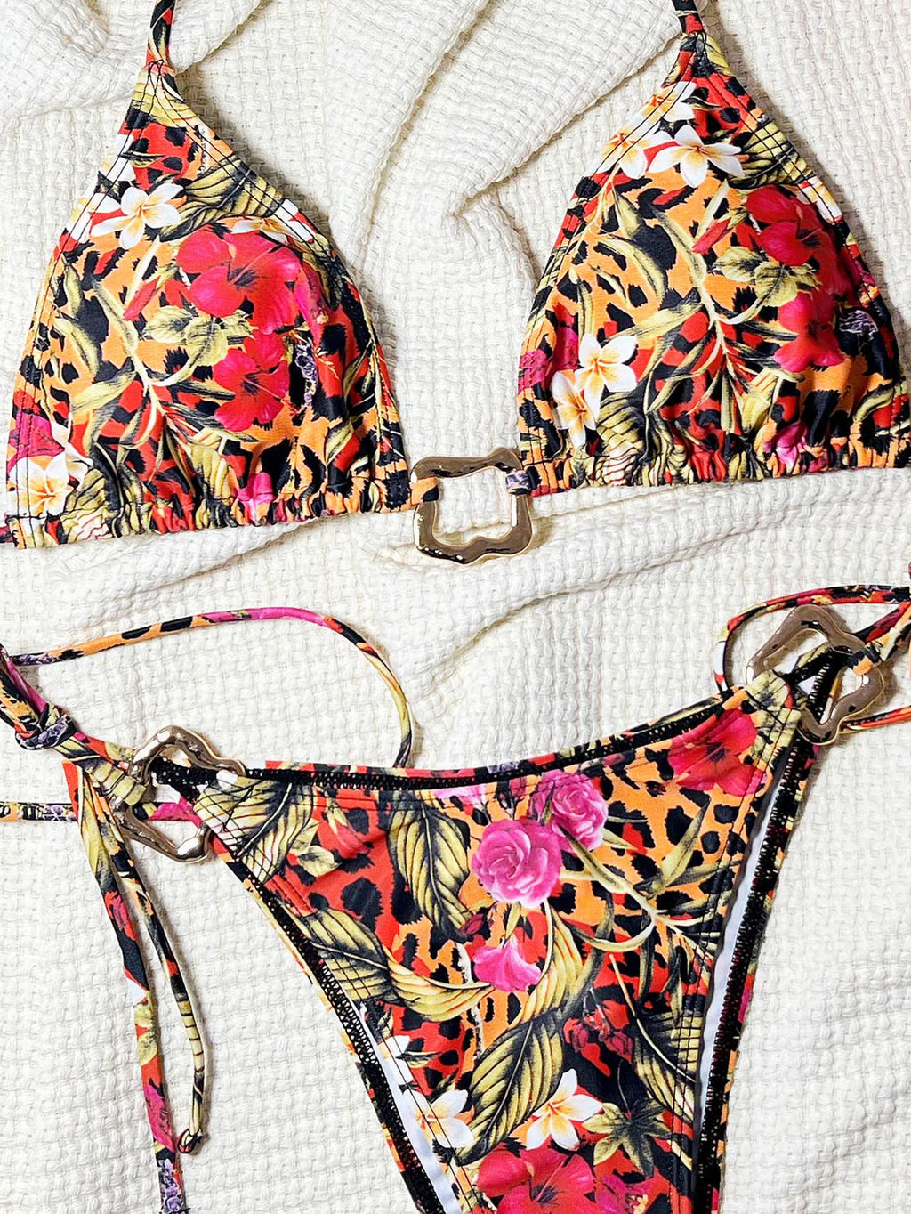 Sexy Red Leopard Print Bikini Set 2025 Women Metal Rectangle Desginer Thong Swimsuit Beach Bathing Suit Push Up Micro Swimwear