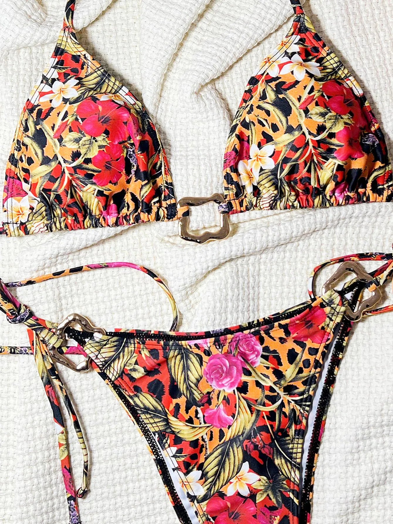 Sexy Red Leopard Print Bikini Set 2025 Women Metal Rectangle Desginer Thong Swimsuit Beach Bathing Suit Push Up Micro Swimwear